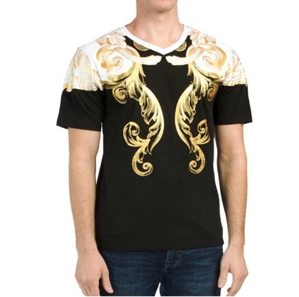 EUC 19V69 Italia Gold Foil Black T-Shirt -Mens Size S Top by Alessandro Versace